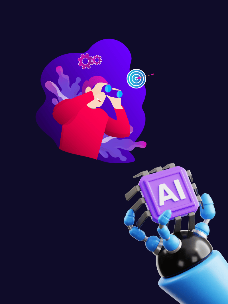 3D Image of person handling a binocular while a 3d robotic arm with the word 'AI' reaches out at the bottom